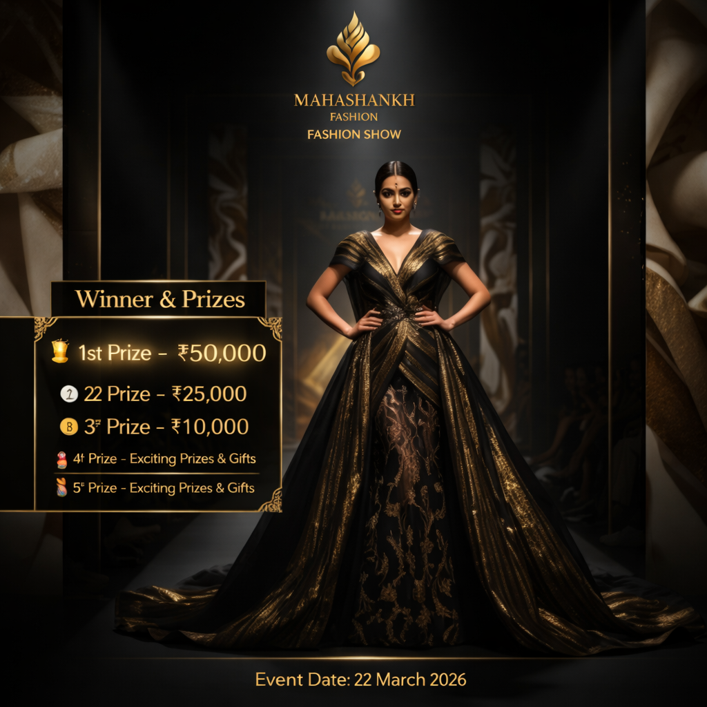 Mahashankh Fashion Show India 2026 promotional poster featuring a model in a luxurious black and gold gown on a grand runway, highlighting winner prizes up to ₹50,000 and event date 22 March 2026.